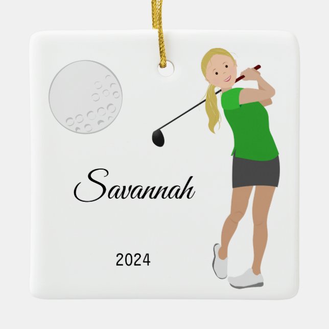 Golf Girl Blonde Hair Ceramic Ornament (Front)