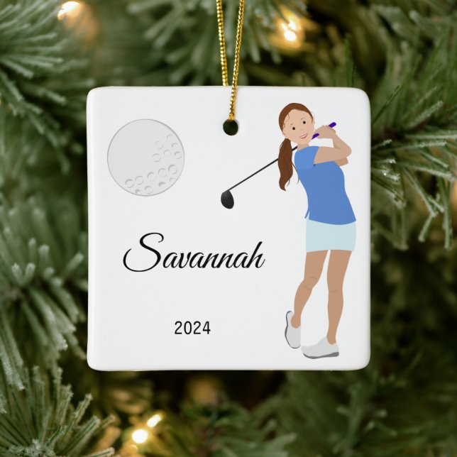 Golf Girl Brown Hair Ceramic Ornament (Tree)