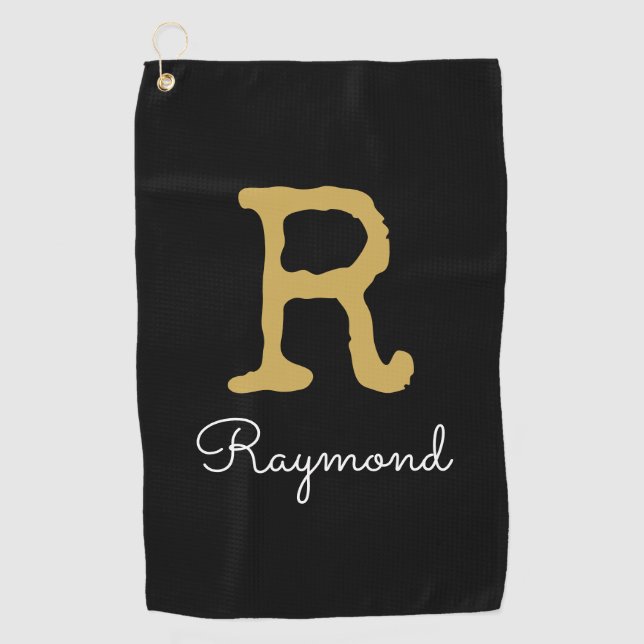 Golf Gold Monogram Initial and Name in black  Golf Towel (Front)