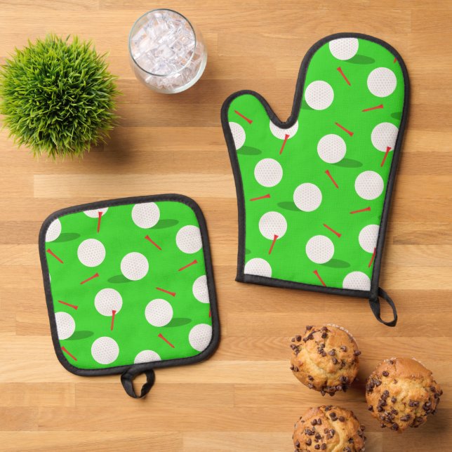 Golf Golfer Golfing, Fun Golf Balls and Tees Oven Mitt & Pot Holder Set (Top Down)