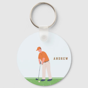 Golf Golfer Green & Blue Illustration Name Sports Key Ring
