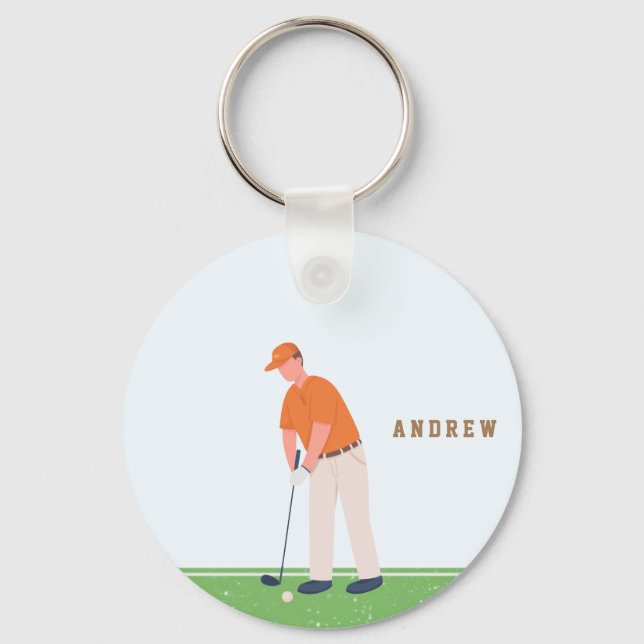 Golf Golfer Green & Blue Illustration Name Sports Key Ring (Front)