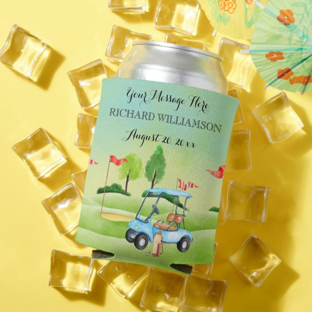 Golf Golfer Greens Cart Personalised  Can Cooler (In Situ Summer)