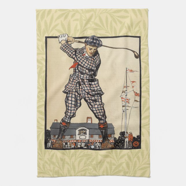 Golf Golfer Vintage Antique Golfing Tea Towel (Vertical)