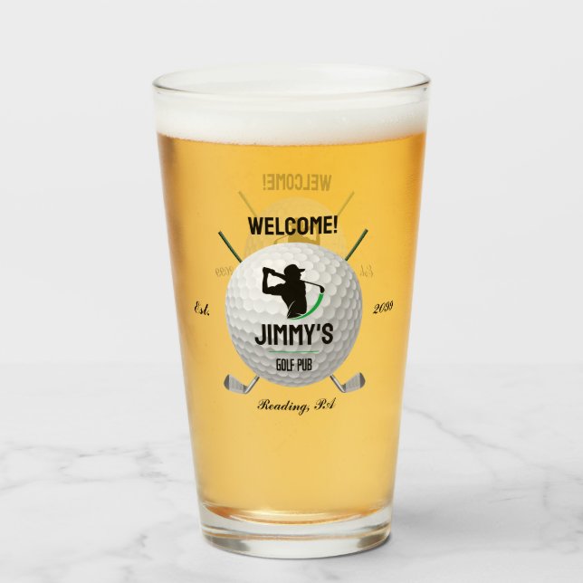 Golf Golfing Golfer Ball Clubs Beer Pint Glass  (Front Filled)