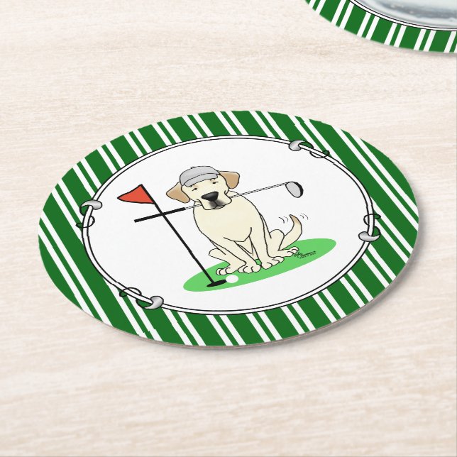 Golf Golfing Yellow Lab Labrador Retriever Dog Round Paper Coaster (Angled)
