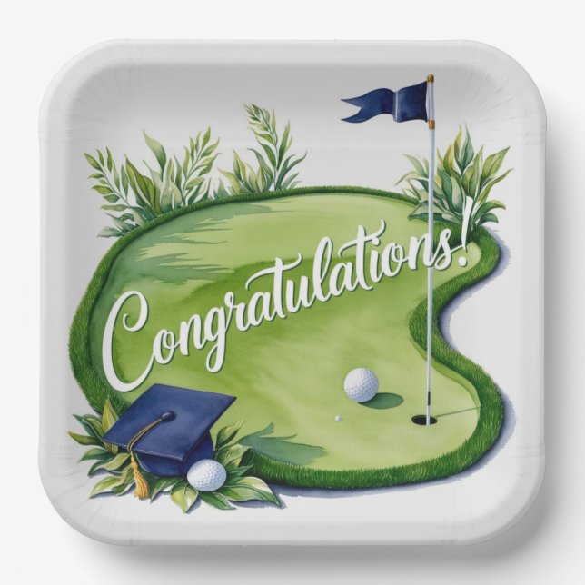 Golf Graduation Congratulations on putting green Paper Plate (Front)