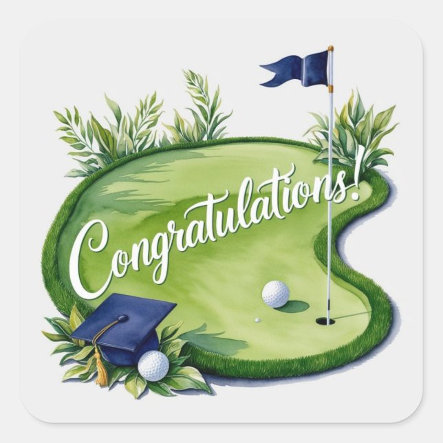 Golf graduation on putting green square sticker (Front)