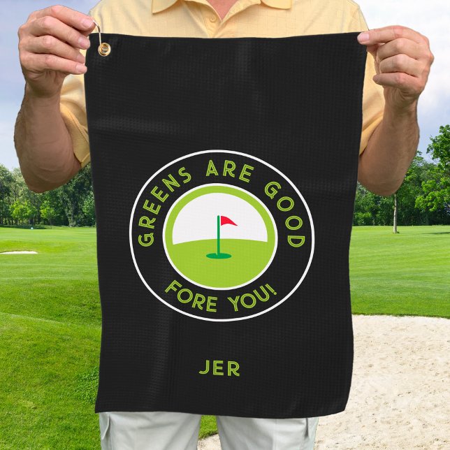 Golf Greens Fore Golfer Humour Funny Custom Black Golf Towel (Creator Uploaded)