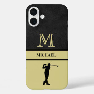 Golf Guy Black Leather Texture Monogram Name  iPhone 16 Plus Case