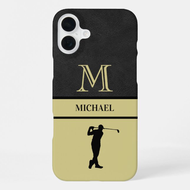 Golf Guy Black Leather Texture Monogram Name  iPhone Case (Back)