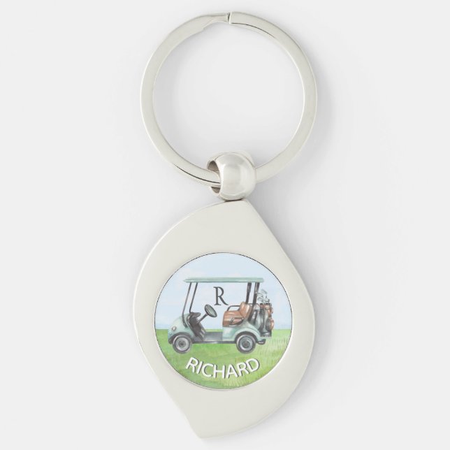 Golf Guy's Cart Clubs Custom Monogram Name Key Ring (Front)
