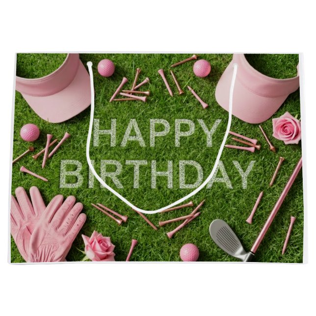Golf Happy Birthday on Green Large Gift Bag (Front)