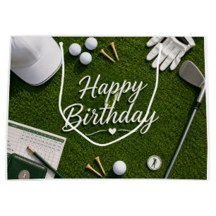 Golf Happy Birthday on Green Large Gift Bag