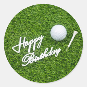 Golf happy birthday with ball and tee on green classic round sticker
