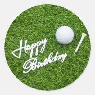 Golf happy birthday with ball and tee on green classic round sticker