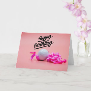 Golf Happy Birthday with golf ball and pink ribbon Card