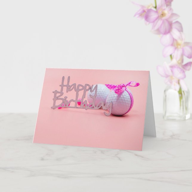 Golf Happy Birthday with golf ball and pink ribbon Card (Orchid)