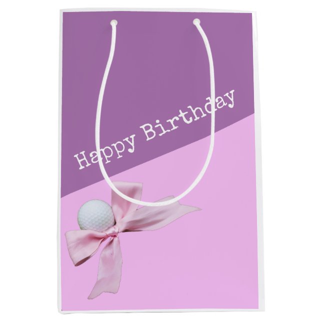 Golf Happy Birthday with Golf ball and Pink ribbon Medium Gift Bag (Front)