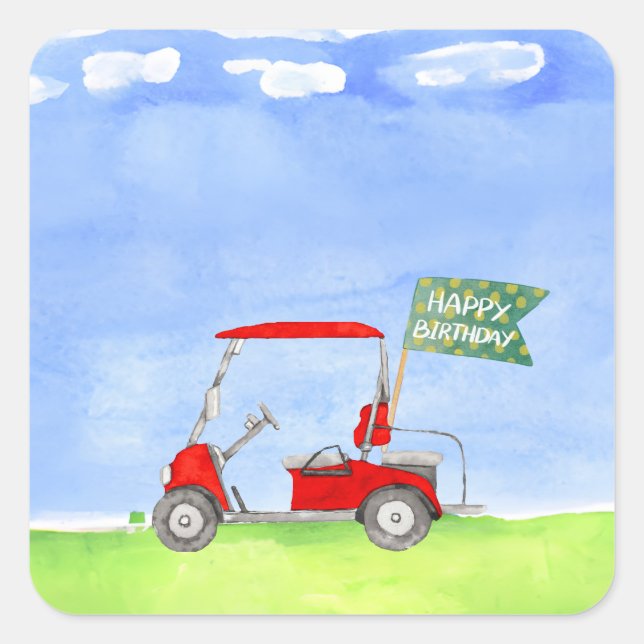 Golf Happy Birthday with golf cart  Wrapping Paper Square Sticker (Front)