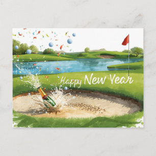  Golf Happy New Year from Bunker Woman golfer Holiday Postcard