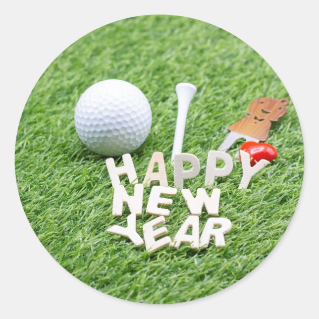 Golf Happy New Year with golf ball and gift Classic Round Sticker (Front)