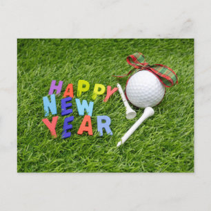 Golf Happy New Year with golf ball on green grass Postcard