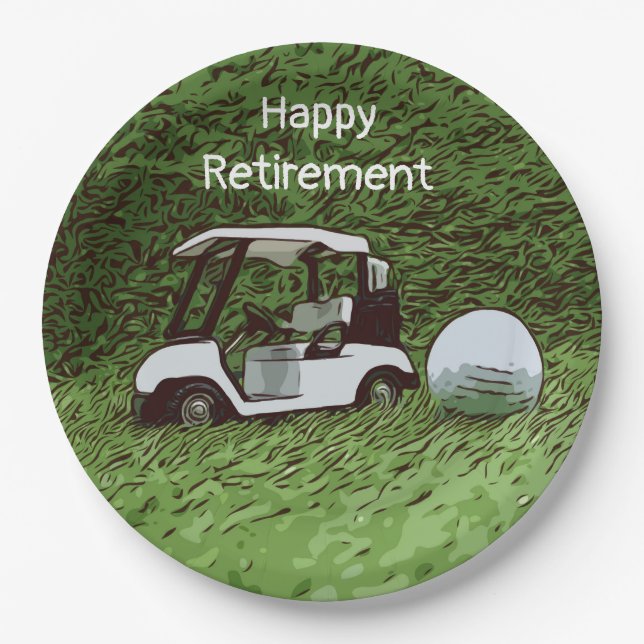 Golf happy retirement with golf ball and cart paper plate (Front)