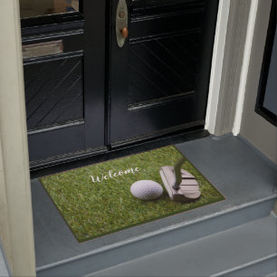 Golf happy retirement with golf ball and putter doormat