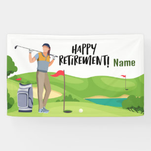 Golf happy retirement with happy golfer on green banner