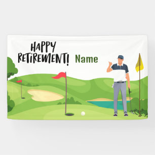 Golf happy retirement with happy golfer on green banner