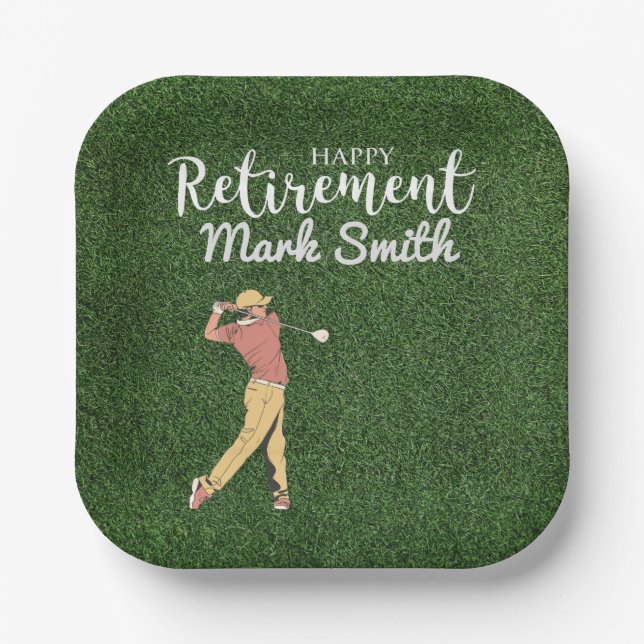 Golf Happy Retirement with man golfing on green  Paper Plate (Front)