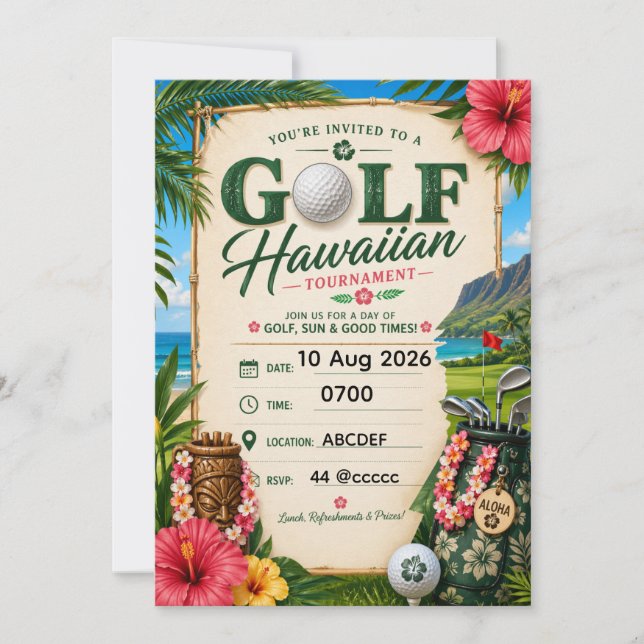 Golf  Hawaiian themed Invitation (Front)
