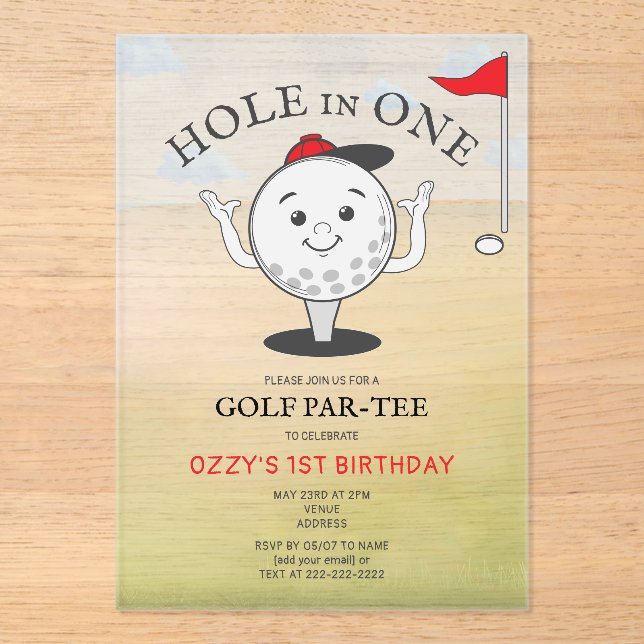 Golf Hole in One 1st Birthday Par-Tee Acrylic Invitations (Front)