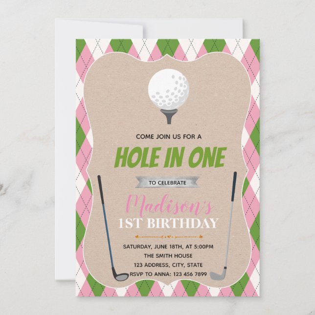 Golf hole in one birthday party invitation (Front)