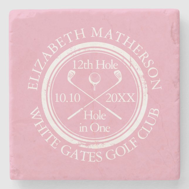 Golf Hole in One Feminine Pink Personalised Stone Coaster (Front)