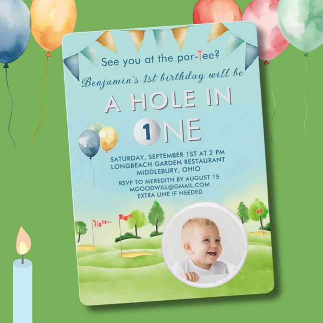Golf Hole In One Photo Boy First Birthday Par-Tee  Invitation (Creator Uploaded)