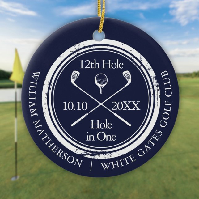 Golf Hole in One Retro Navy Blue Personalised Ceramic Tree Decoration (Golf Hole in One Retro Navy Blue Personalized Ceramic Ornament)
