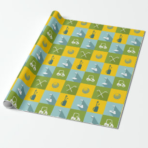 Golf Icons in Gold Green and Blue Squares Wrapping Paper