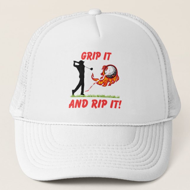 Golf Infusion "Grip It And Rip It!" Golfer Golf Trucker Hat (Front)