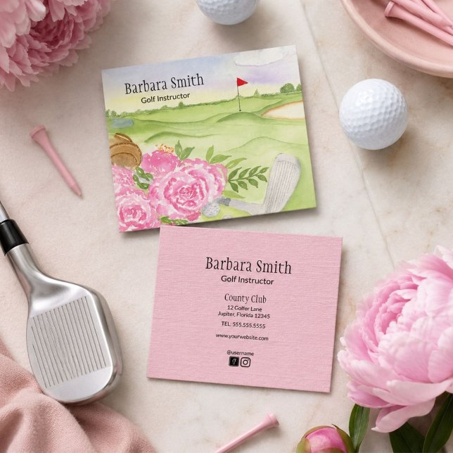 Golf Instructor Peonies On Golf Course Square Business Card (Creator Uploaded)