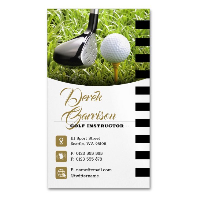 Golf Instructor | Professional Golf Lessons Gold Magnetic Business Card (Front Vertical)