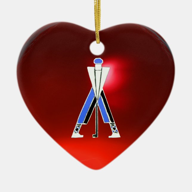 GOLF INSTRUCTOR RED RUBY HEART MONOGRAM CERAMIC TREE DECORATION (Front)