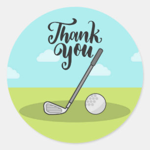 Golf iron and ball on green blue sky background classic round sticker