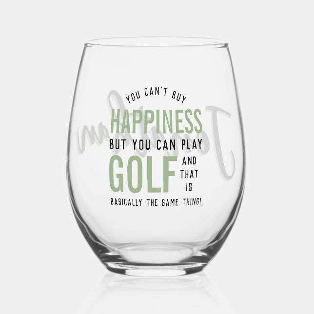 Golf is Happiness Funny Golf Lover Personalised Stemless Wine Glass (Front)