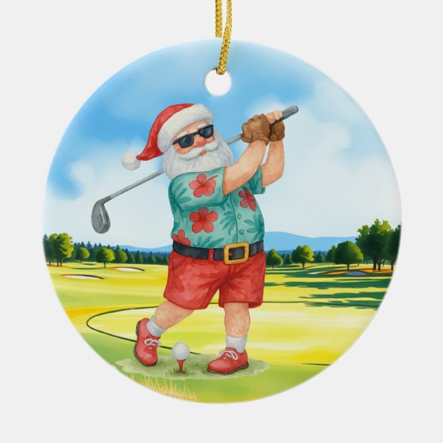 Golf July Christmas with Santa Claus  Golfing Ceramic Tree Decoration (Front)