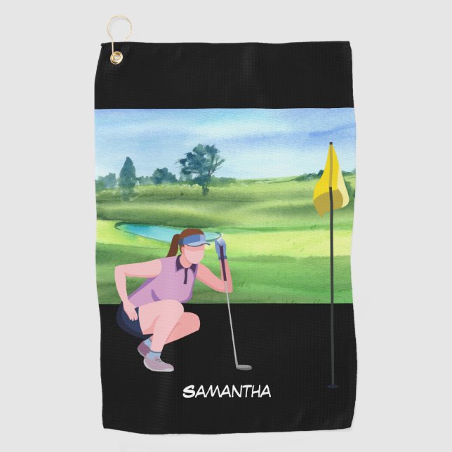 Golf Lady woman is golfing Golf Towel (Front)