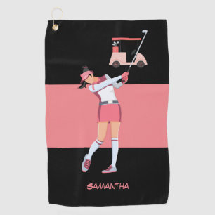 Golf Lady woman is golfing in pink dress pink cart Golf Towel