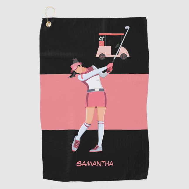 Golf Lady woman is golfing in pink dress pink cart Golf Towel (Front)