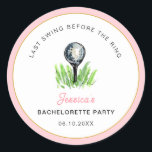 Golf "Last swing Before the ring" Bachelorette  Classic Round Sticker<br><div class="desc">'Last swing before the ring' Simple and elegant watercolor golf ball on tee,  pink and white Golfing theme bachelorette party stickers.</div>